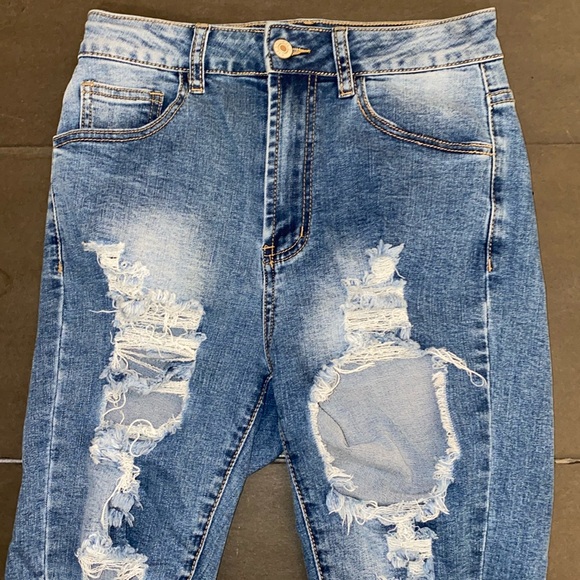 SHEIN Size 28 Blue Skinny Distressed Denim Cutoff Long Shorts - Picture 7 of 13